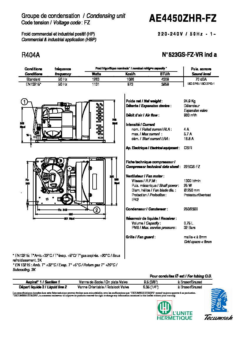Технические характеристики и размеры агрегата Tecumseh AE4450ZH