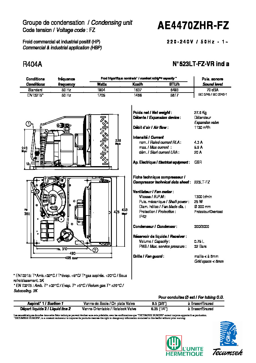 Технические характеристики и размеры агрегата Tecumseh AE4470ZH