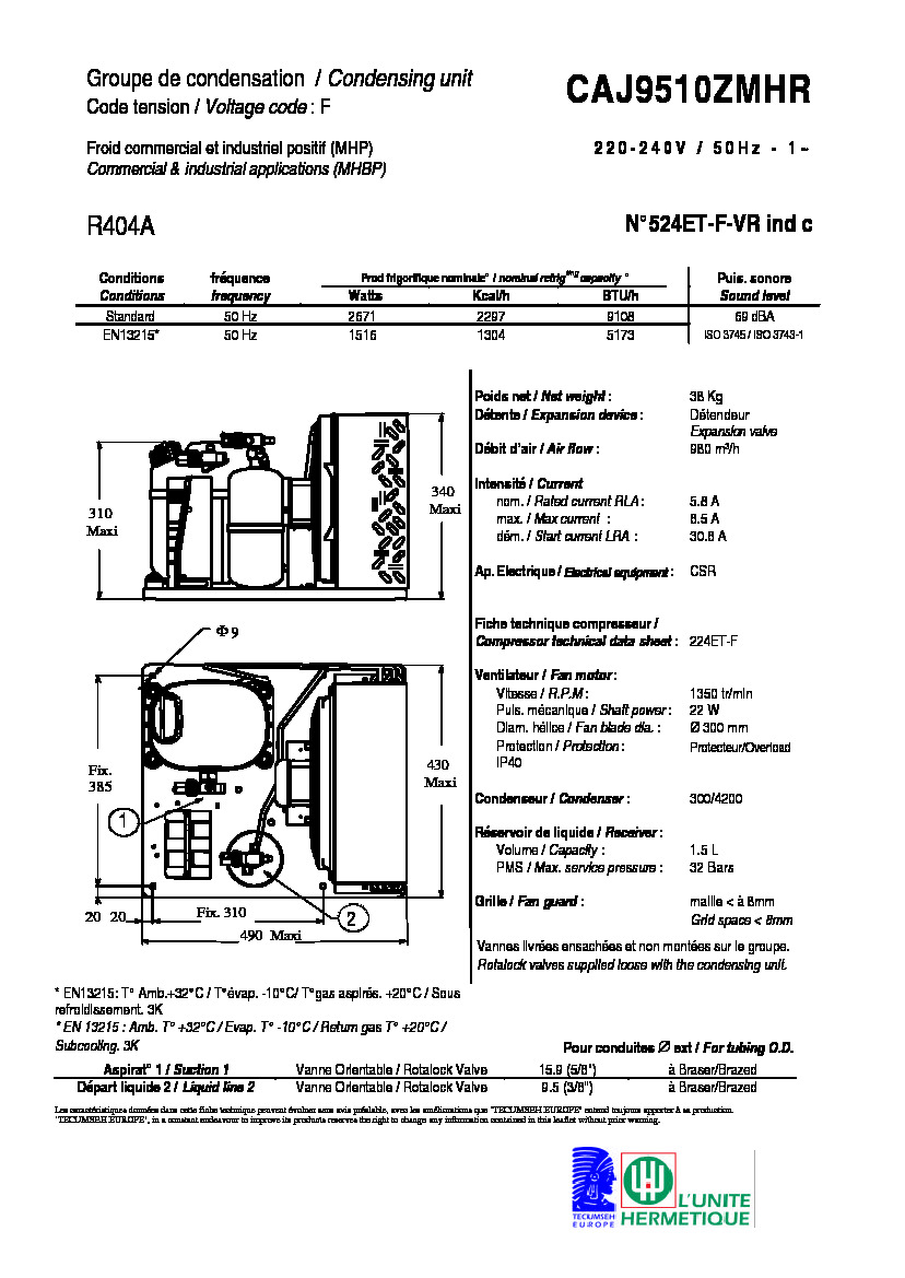 Технические характеристики и размеры агрегата Tecumseh CAJ9510ZMHR
