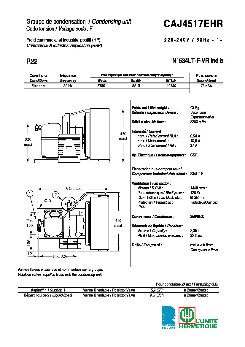 Технические характеристики и размеры агрегата Tecumseh CAJ4517EHR