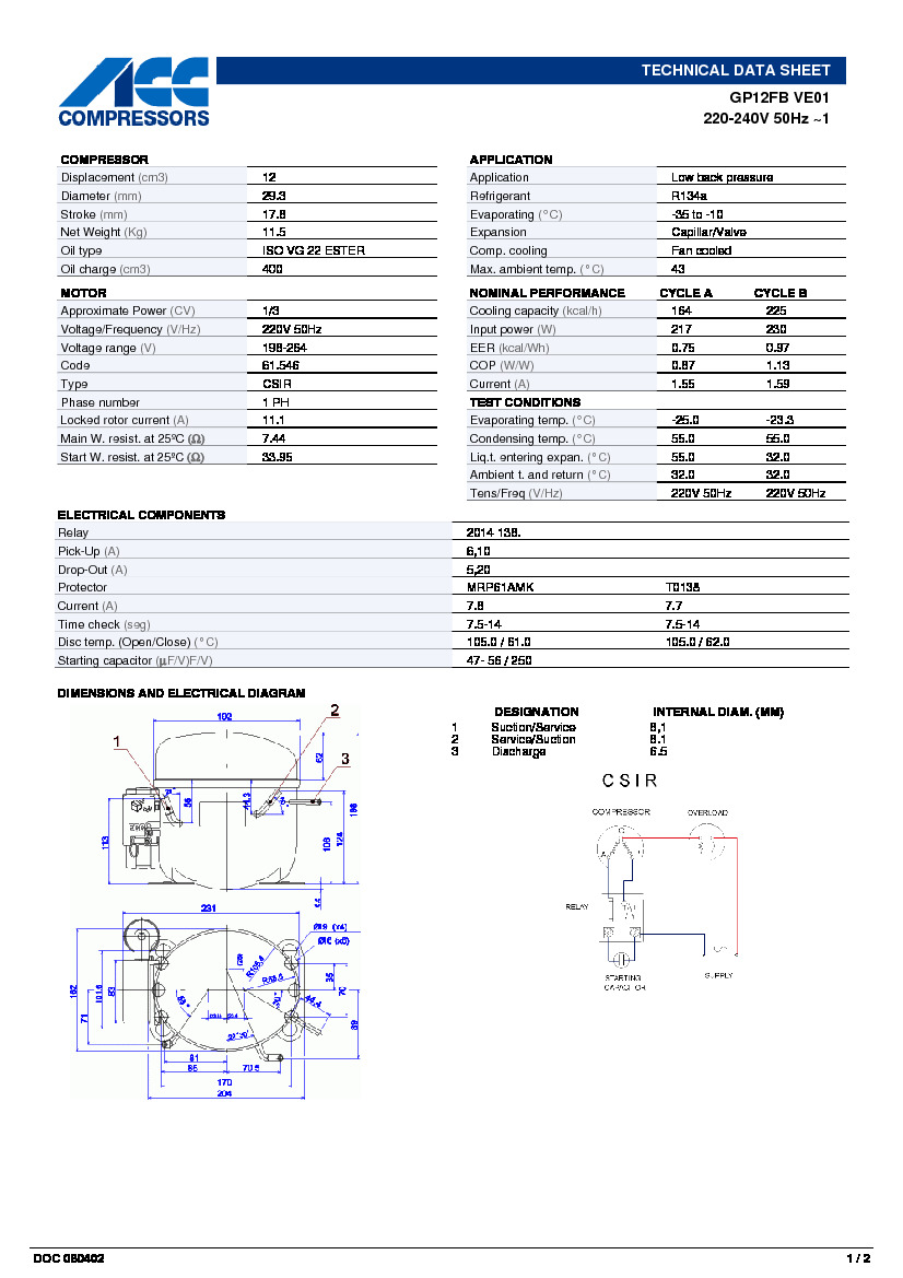 Технические характеристики и размеры компрессора Cubigel GP12FB