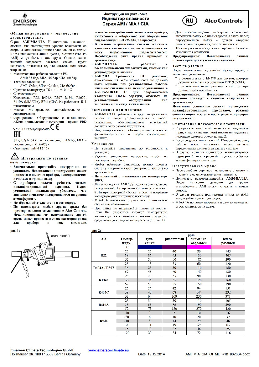 Индикаторы влажности Alco Controls серия AMI