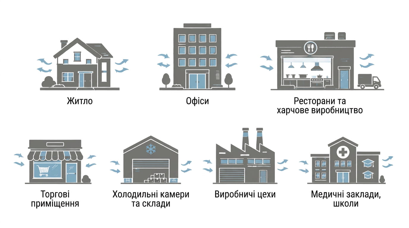 Типи приміщень для монтажу вентиляції: житло, офіси, ресторани, склади, виробництво, фото Мінколд